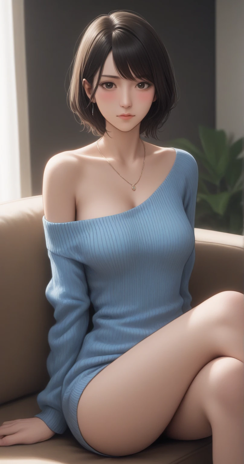 tmasterpiece, quality, Best quality, offcial art, beautifulface, Realist, high qulity, 4K, rich details​, 1 girl dominates, ??????????? beautiful, short detailed hair, Bob Hairstyles, brunette color hair, eBlue eyes, lusty  smile, long leges, pullover, 's, White  socks