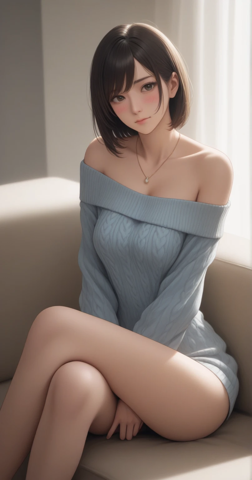 (masterpiece:1.3), (8k, Photorealistic, RAW Photos, Best image quality: 1.4), Japanese 、(Random Hairstyles:1.2)、Cleavage:1.2、Super detailed face、Eye on the details、double eyelid、Chest to Chest、Sharp focus:1.2、Beautiful woman:1.4、Light brown hair、highest quality、masterpiece、Ultra-high resolution、(Photorealistic:1.4)、Highly detailed and professionally lit smiles、Loose, lightweight knitwear、Shoulder out、thin、Serious expression、Short Hair、Deadly position