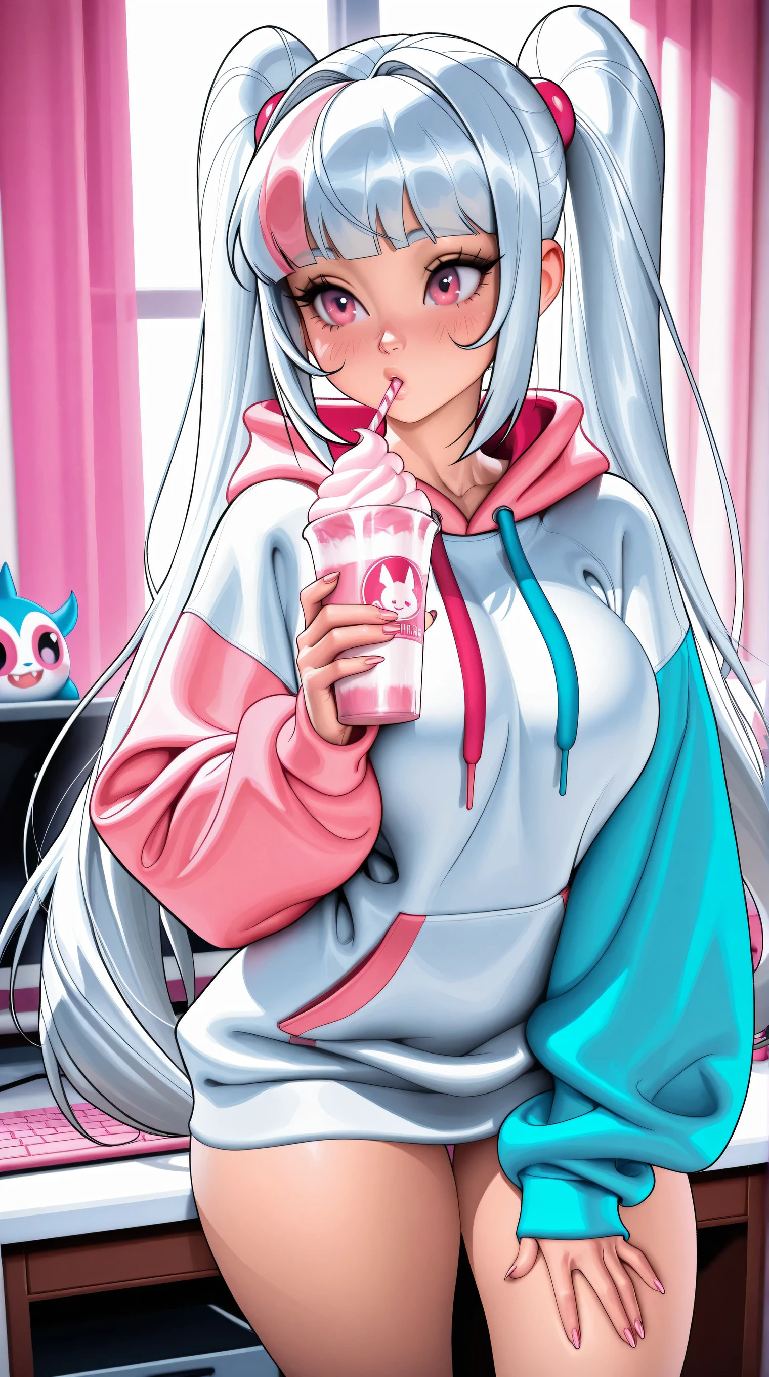 (TangoBat:0.7),(Sakimichan:0.7), A gamer girl with white long-twin tailed hair. She has pink eyes, Pastel hoodie, Pastel gamer bedroom background, Milkshake,masterpiece, best quality,absurdres