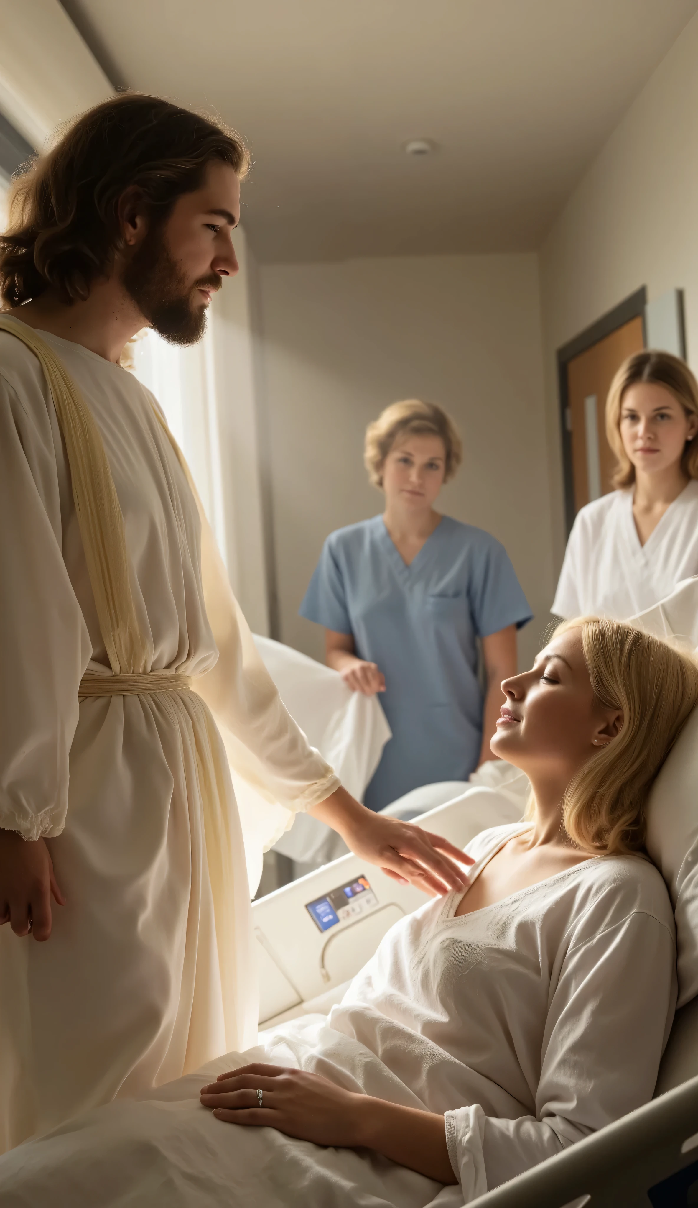 Jesus walking down a hospital corridor illuminated by a soft heavenly light, touching the shoulder of a bedridden patient while tears of hope shine in the patient's eyes. In the background, doctors and nurses observe with expressions of admiration and renewed faith.