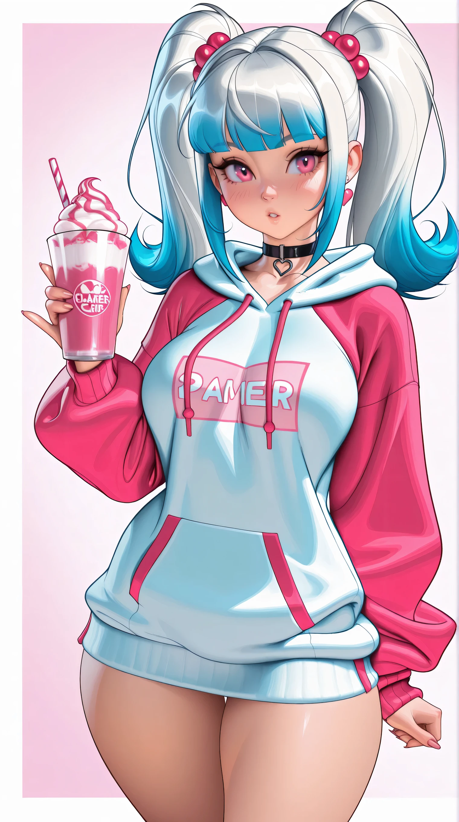 (TangoBat:0.7),(Sakimichan:0.7), A gamer girl with white long-twin tailed hair. She has pink eyes, Pastel hoodie, Pastel gamer bedroom background, Milkshake,masterpiece, best quality,absurdres