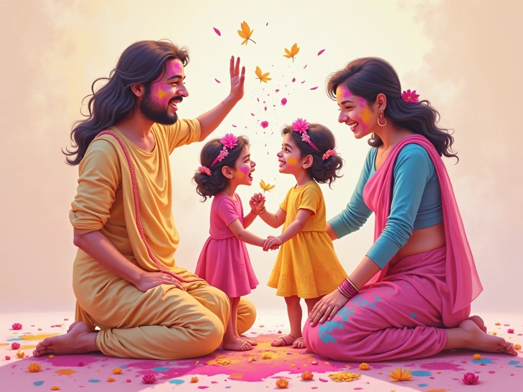 Scene of Lord krishnas birth where he had blue skin and goods are showering flowers from the sky and the mother father and villagers are playing with him.