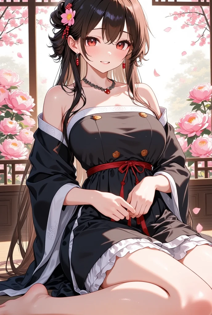 (masterpiece), best quality, good anatomy, shuimobysim, (1 girl: 1), (upper body), (smile), short hair: 1.2, (hanfu), long coat, (ecchi0.5), (bridge: 1.2), (flowers: 0.6), moon, lantern in ancient China, delicate face, see-through, pink clothes, full body, close-up, back hand, robe, thigh, high up, cloudy, chinadre, overexposed, [wet clothes], mid-chest, solo, [dolls], bare thighs, credibly_absurdres, strong angles, pleated skirt, chinoiserie architecture, single bun, white hair, red eyes, squinted eyes, cold attitude, eye shadow, eyeliner, eyes visible through hair, no shoes, ribbon sleeves, earrings, necklace, tiara, mid-chest, sunlight, reflected light, ray tracing, , phoenix crown vermilion robe, blush