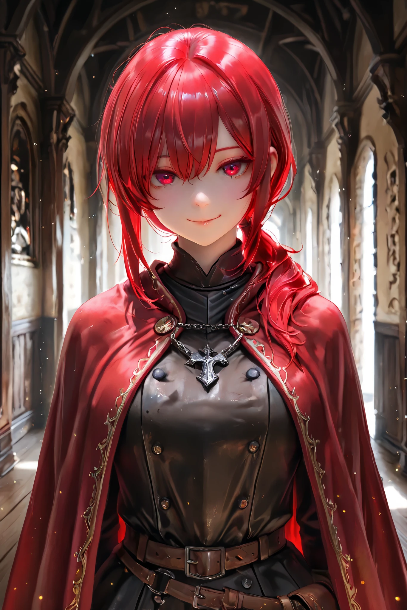 masterpiece, best quality, detailed eyes, semi realistic, 8k, girl, pure, emotionless, red low ponytail hair, red eye, fantasy hallway, black medieval luxury uniform with red accessories, red fluffy cape, looking down at viewer, shiny particles, mad smile