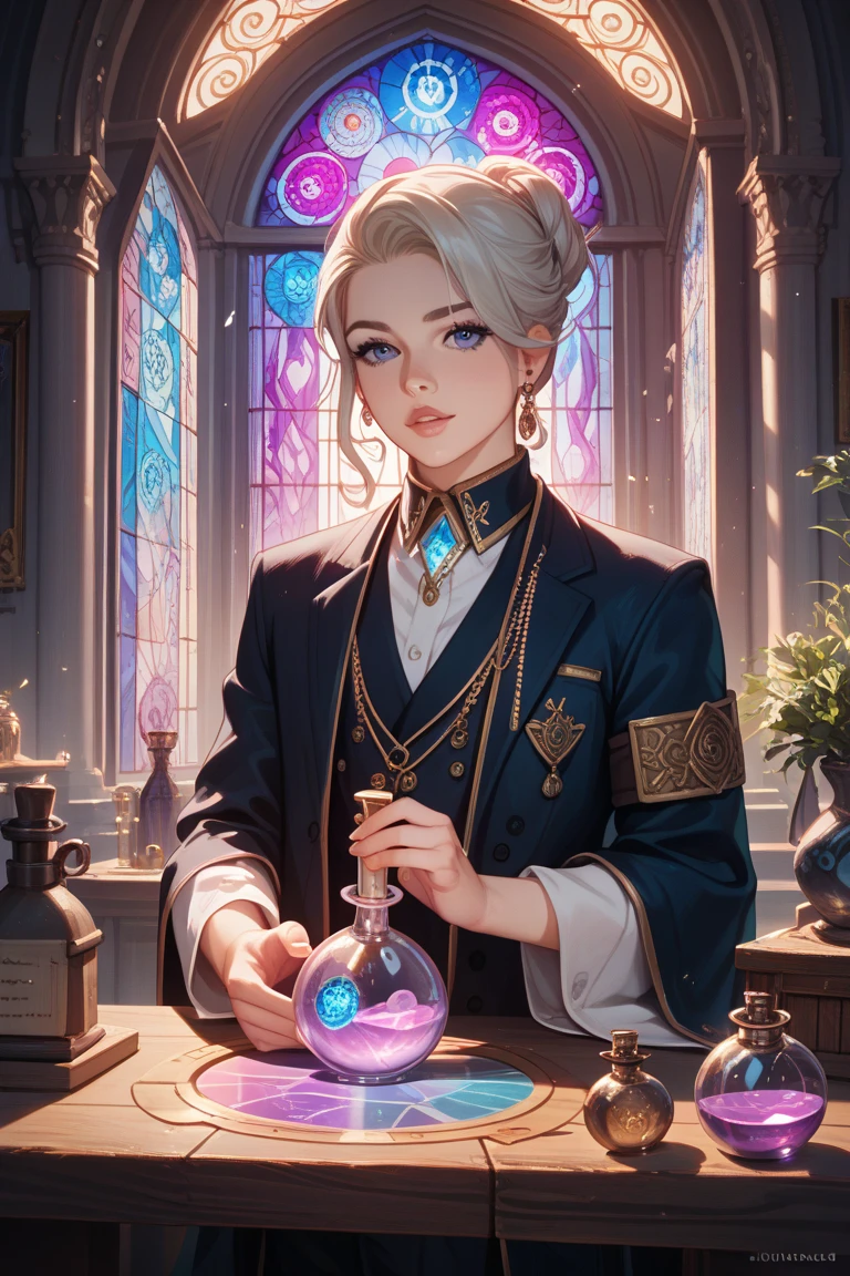 (((A lanky man with silver-white hair, Short, a week ago, gray beard and skin, glowing with a faint golden glow))); ((long purple robe embroidered with silver)); standing; ((Traditional Catholic style)); Ultra-realistic skin, face ultrarealistic; ultra realistic body; ((ultra realistic gold jewelry)); detailed skin; ultra detailed eyes; Ultra detailed face; the whole body is symmetrical with thick lines, Fibonacci, Golden ratio, 3D mosaic of metal structure, Neural graphics, Neurons, color, Love, Passion, incredibly detailed, 8 K, masterpiece, ArtStation, Surreal