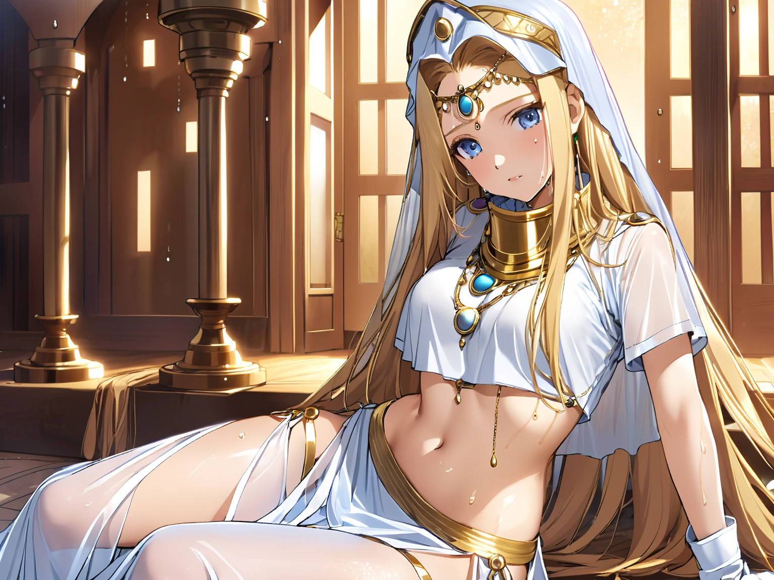 A priestess wearing a white bikini,Valkyrie、Beautiful long legs、Thick thighaternal、Body Length、chief、Lying in bed with her long legs together、Wearing a golden tiara、Angel Wings,belly button,simple,Particles of light,Thighs,Shiny skin,Big Mouth、Perfect lighting, One adult woman, Open Mouth Smile、(Highest quality), maternal, Fair, porcelain-like skin、Big,光沢のあるsimple青い瞳、Very long honey blonde straight hair
