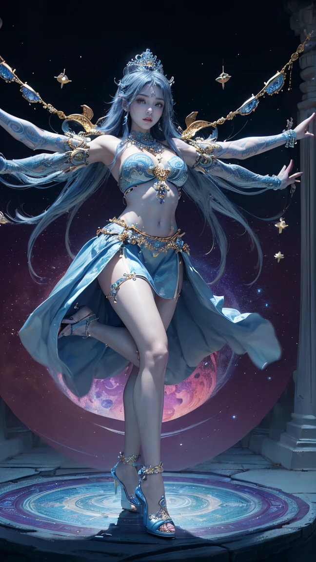 wearing golden slipper sandals, high quality, highly detailed, Imagine a dreamlike portrait of a fantastical woman, merging the cosmic colors inspired by Vincent van Gogh's Starry Night with the surreal celestial precision reminiscent of Salvador Dalí, In this celestial dance, celestial bodies mirror Turner's atmospheric touch, blurring the boundary between reality and fantasy, Stepping into the foreground is an enchanting figure, embodying the whimsical essence of Hieronymus Bosch's beings and the organic grace found in Alphonse Mucha's art nouveau lines, Infusing an otherworldly aura, elements inspired by H.R. Giger's biomechanical aesthetic seamlessly integrate, creating a mesmerizing synthesis of fantasy and realism, by yukisakura, high detailed,