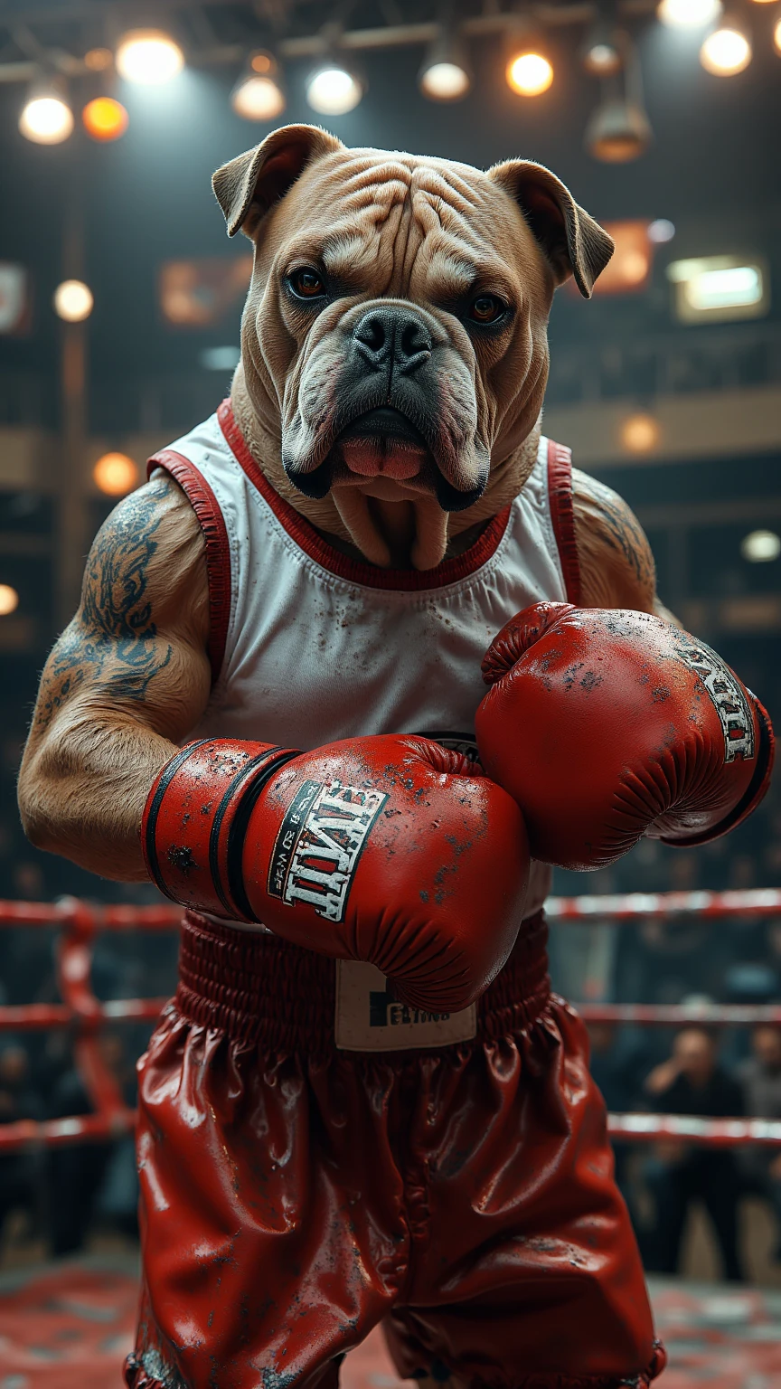Wide angle digital painting, (Intense hmnzct Australian Bulldog boxing match:1.3), Dynamic composition, Aggressive punches, (Splattered blood:1.2), Roaring crowd, Fierce rivalry, Victory cries, (Thrilling energy:1.2), Harsh lighting contrasts, Captured with Windsor & Newton oils on canvas <lora:Humanizer XL:1>