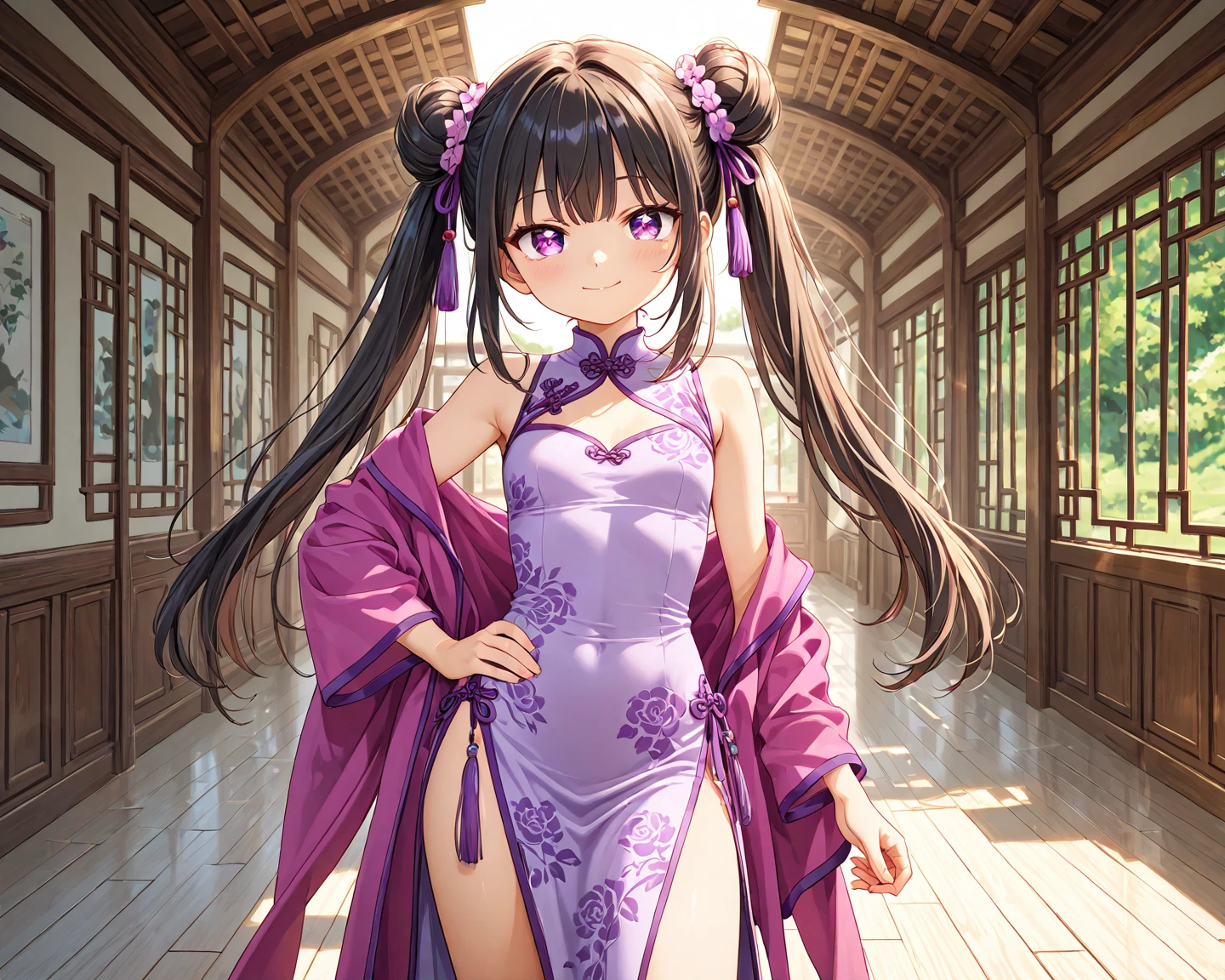 top-quality、extremely delicate and beautiful、Soio、8-year-old little girl、Chiquita、japanes、elementary student、A dark-haired、(Pink leotard)、dress room、Tiara on the head、A smile、is standing
