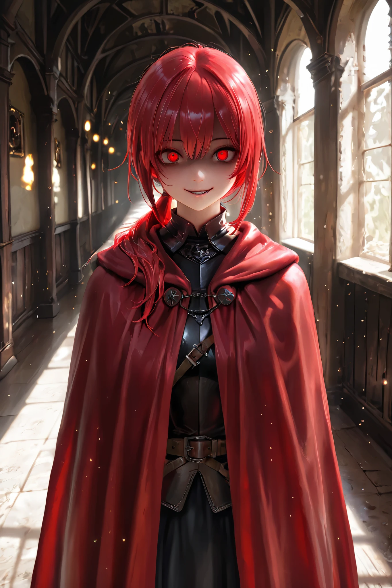 masterpiece, best quality, detailed eyes, semi realistic, 8k, girl, pure, emotionless, red low ponytail hair, red eye, fantasy hallway, black medieval luxury uniform with red accessories, red fluffy cape, looking down at viewer, shiny particles, shadow face, crazy smile