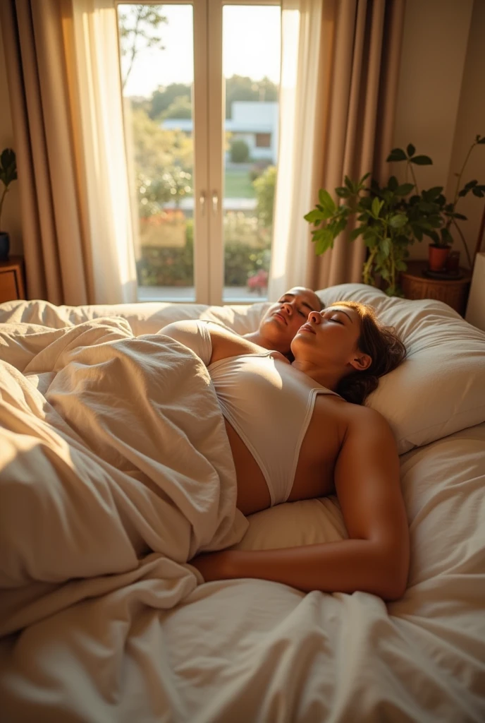 The scene is set in a modern, cozy apartment bathed in the soft, golden light of a morning sunrise. Through the window, a small garden is visible, with sunlight streaming in and illuminating the room. The perspective is from the eyes of a towering giantess as she lies comfortably on a large bed, her massive frame taking up much of the small bedroom.
The giantess is dressed in a delicate linen sleep dress and a white bralette, which barely contains her enormous, massive bust. Her bust dominates the frame, its sheer size and weight creating a striking visual. The soft fabric of her clothing clings to her curves, emphasizing her colossal proportions.
Resting on her chest is the head of a man, who appears comically small in comparison to her gigantic bust. The man’s head is of standard size, but it seems almost tiny against the vastness of her body. He lies comfortably on her, his body blending into hers, creating an intimate and surreal scene. The contrast between his small size and her immense form is both captivating and whimsical.
The atmosphere is warm and serene, with the morning sunlight highlighting the textures of her skin, clothing, and the soft bedding. The giantess’s expression is calm and content, her gaze gently focused on the man resting against her. The room feels cozy yet surreal, with the giantess’s presence overwhelming the space.
The scene is both tender and dreamlike, drawing the viewer into the unique and intimate moment shared between the two. The contrast between the man’s small size and the giantess’s colossal proportions creates a sense of awe and wonder, making the image feel both comforting and otherworldly.