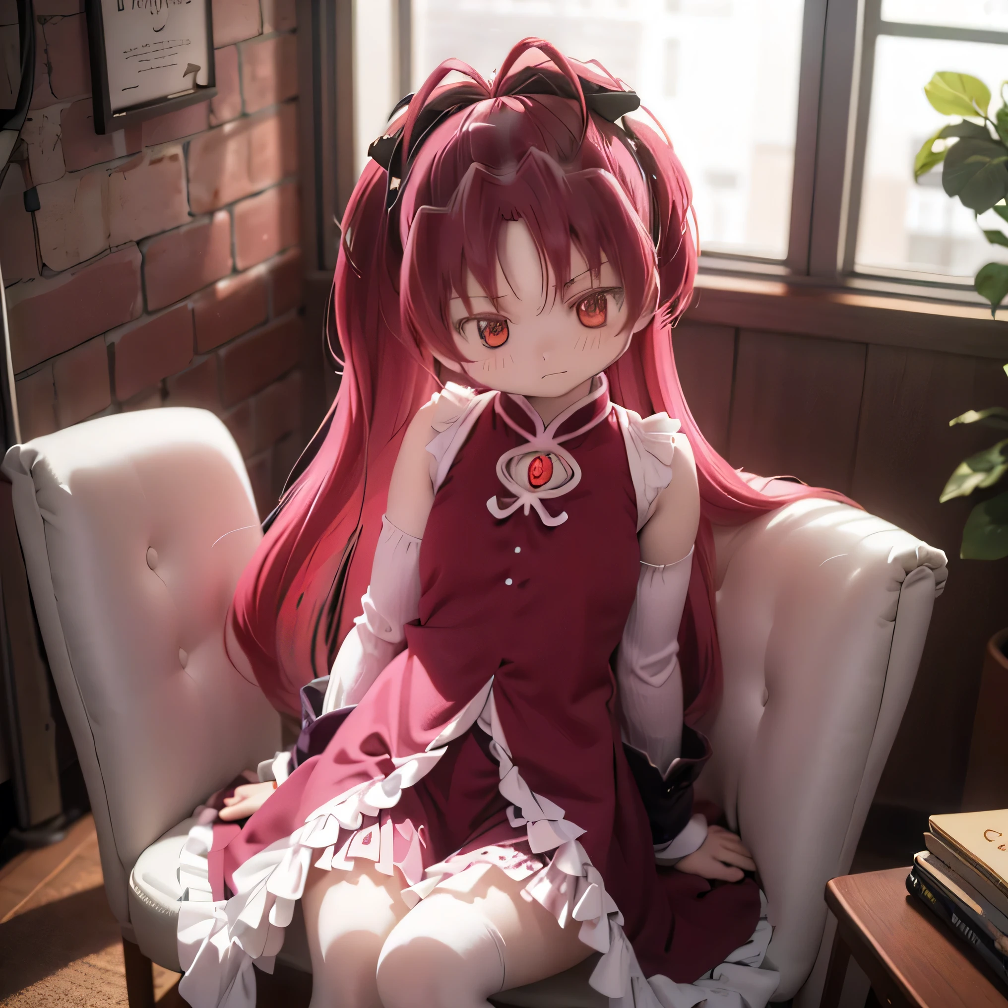 Thorough, Attention Beautiful Women , perfect face, , Attention to Thorough , anime style , bright color, cute, Guste , Curvy and Plump Bodies , It's poor when worn 、 sitting in a chair 、sexy pose ,Sakura Kyoko's hairstyle 、cute