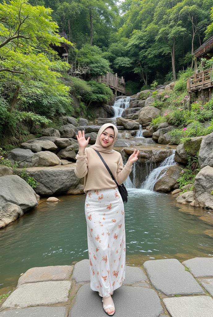 Top Quality, Masterpiece, High Resolution, 8k, Instagram photo, reailistic photo, a young woman white skinned, 20 years old, standing in front of a waterfall. She is wearing a pink hijab and a long-sleeved top with a ruffled neckline. The top is paired with light blue trousers and white sneakers. She has a black crossbody bag slung over her shoulder. The woman is standing on a wooden bridge with a wooden railing and there are trees and bushes in the background. There are a few people visible in the distance. The overall mood of the image is casual and relaxed.
