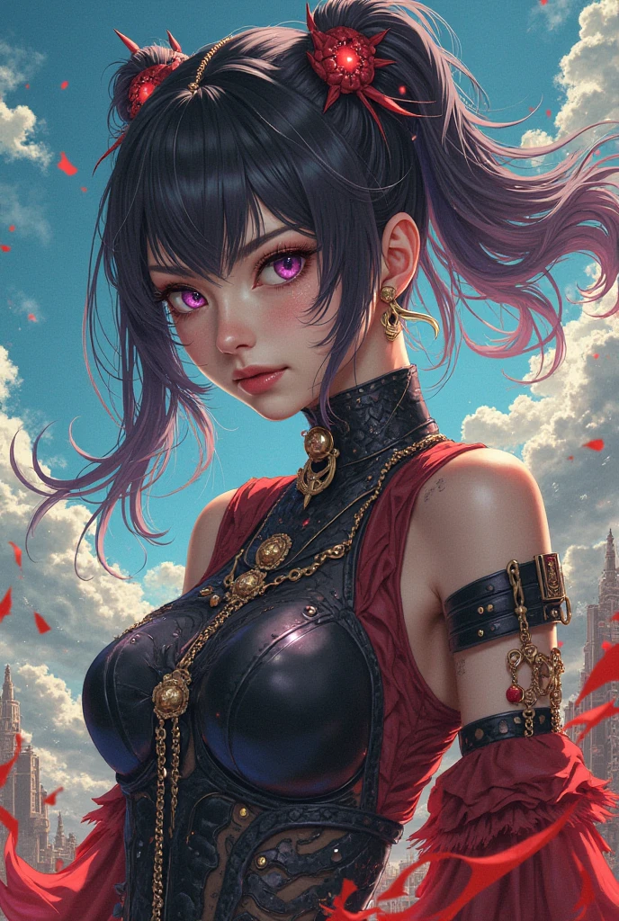 (tmasterpiece、top-quality,Black hair,Be red in the face,looks into camera,Off-the-shoulder attire,Close-up shot、top-quality、Large breasts,cleavage,Africa-centric(afro)、African Americans complete official art、Beautiful aesthetics, dark skin:1.2)、(1girl in:1.3)、(Fractal art:1.3)、The upper part of the body、From the side Side、looking at viewert、patterns、(Rainbow-colored hair、colorfulhair、African ink、clouds、starrysky、stone monument、Rough kanji、black-skinned,african man,ssmile,starrysky