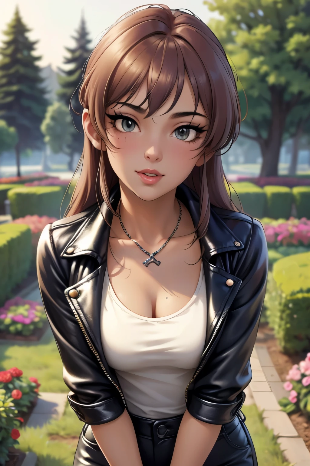 Sexy woman, wearing a black leather jacket over a white t shirt and black cargo pants, cross necklace, medium chest, cleavage, perfect body, hot