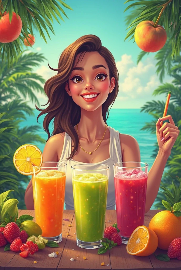 Circular fruit logo, juices and ice creams with tropical style. Woman curly hair blonde