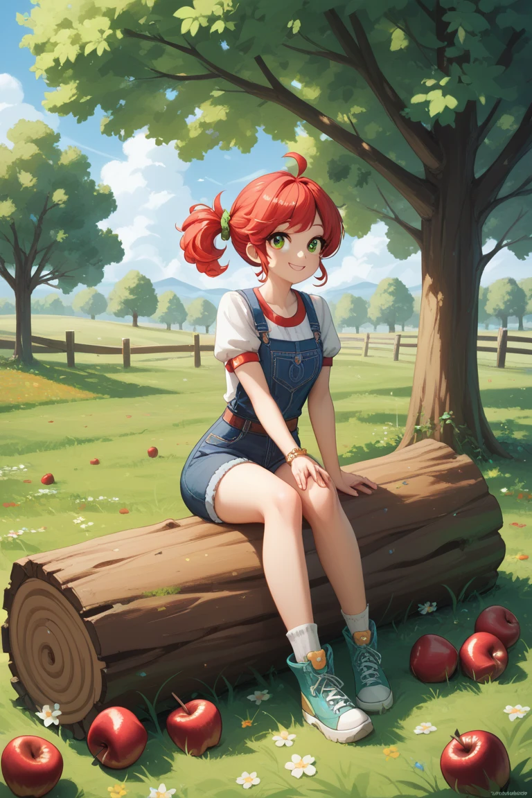 Girl with long Orange hair, freckles, smiling me, eating an Apple, sitting on a tall tree, funny white t-shirt, denim shorts, white tall knee Socks, blue skechers, cool pose