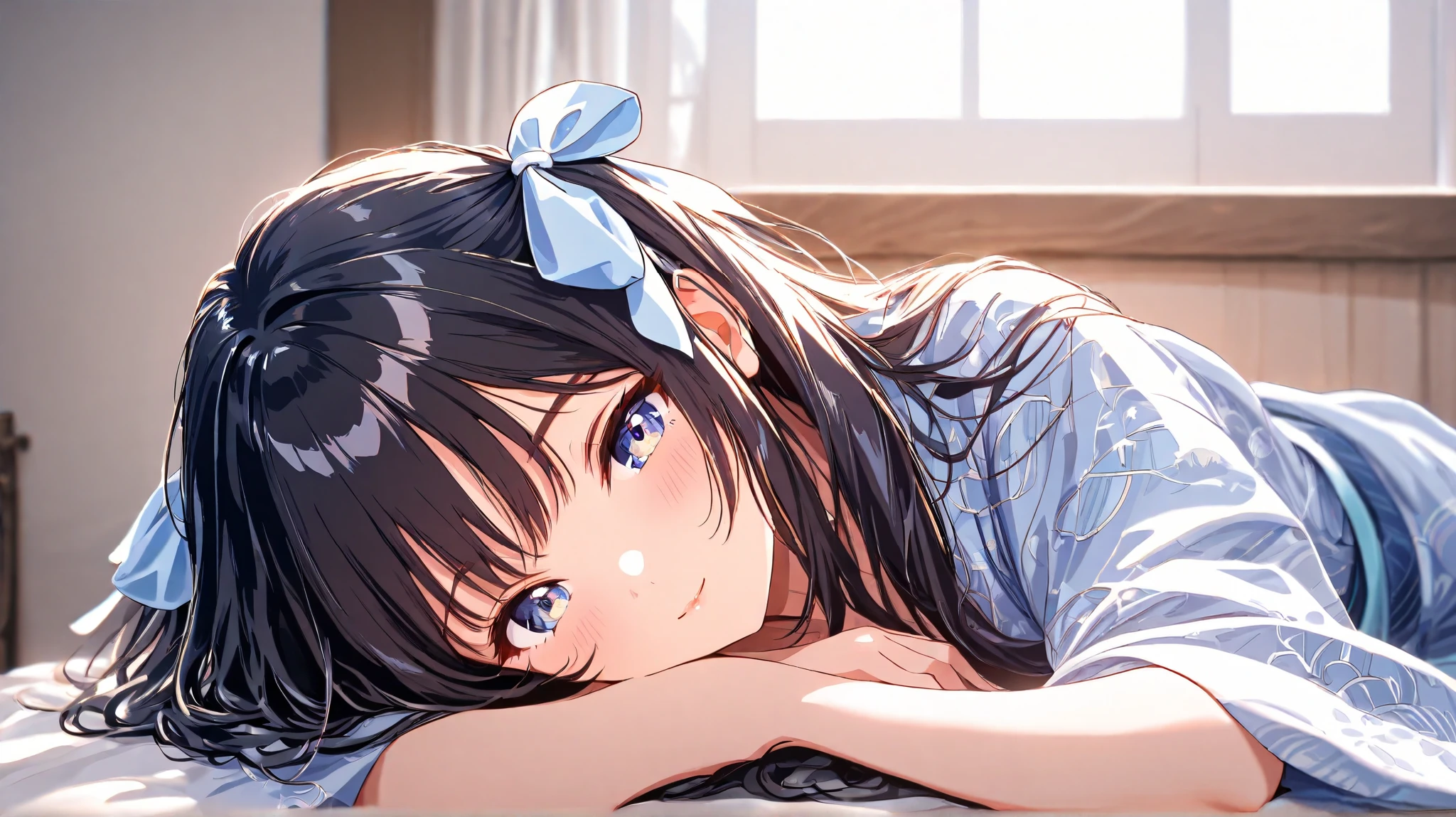 anime girl laying on bed with head on pillow in front of window, 4 k manga wallpaper, anime art wallpaper 8 k, 4k anime wallpaper, anime art wallpaper 4 k, anime art wallpaper 4k, anime style 4 k, anime background, anime background art, makoto shinkai cyril rolando, anime wallpaper 4k, anime wallpaper 4 k