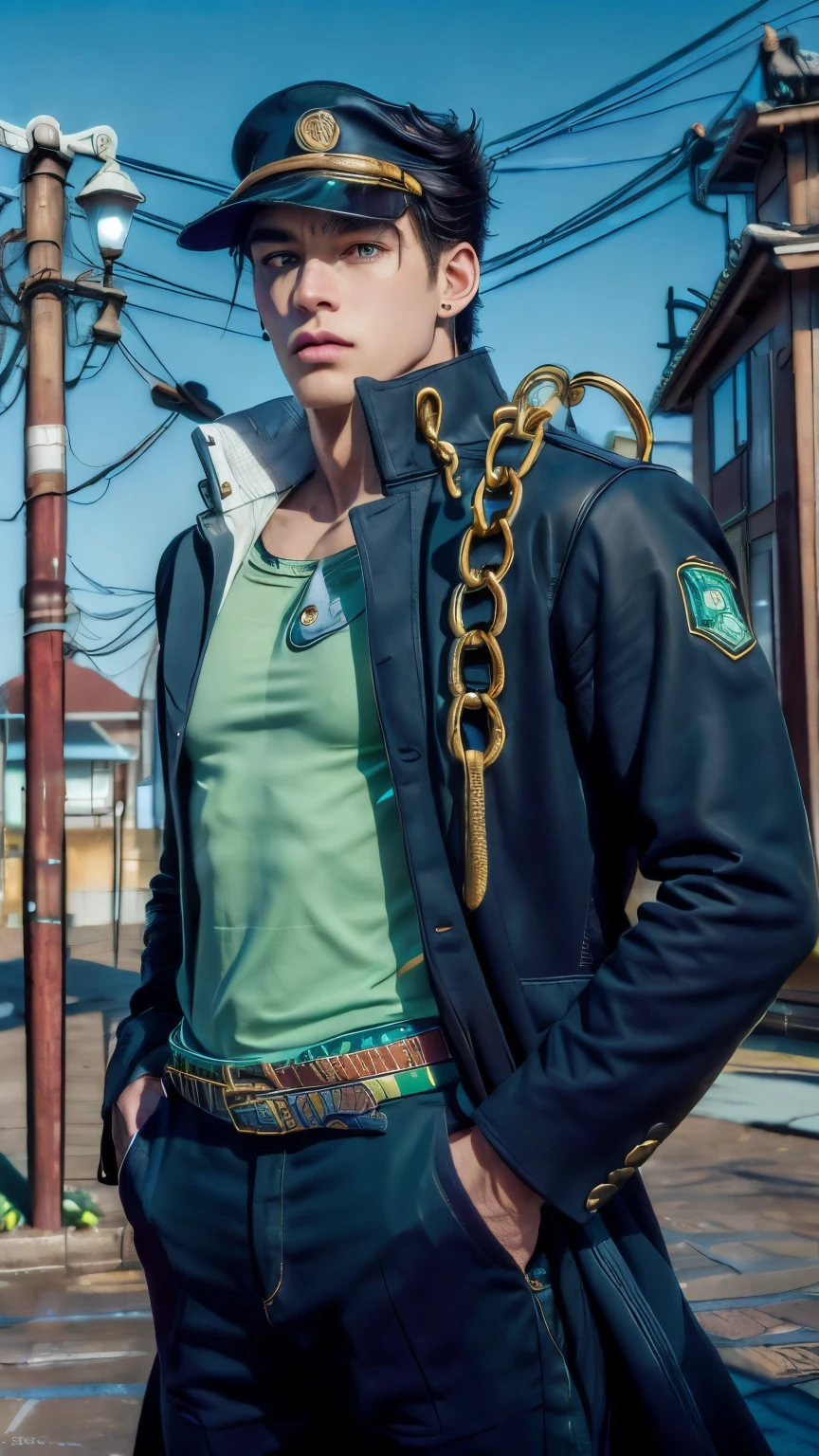 (masterpiece, best quality:1.2),, cowboy shot, solo, male focus, 1boy, kujo jotaro, muscular male, serious, closed mouth, looking at viewer, hands in pockets, hat, green eyes, school uniform, gakuran, long coat, jewelry, earrings, chain