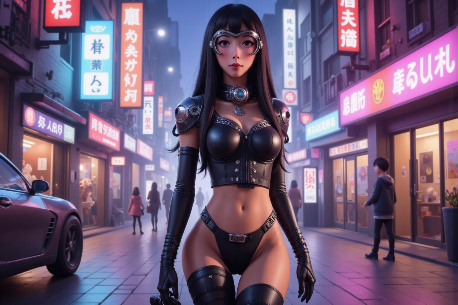 masterpiece, best quality, high resolution, 8k, (Portrait Photos:1.5), (R Original Photo), real picture, Digital Photography, (A fusion of cyberpunk and fantasy), 20 year old slim girl, solo, (((black sunglasses, headphone))), Feel free to hairstyle, Purple Eyes, By Bangs, (large breasts, cleavage, Accessories, Elegant and charming, Combination of cyberpunk and fantasy style clothing, Hollow carving design, Photo poses, Realistic style, (((((((pistol shooting pose))))))), oc render reflection texture, sentry, (((((aerial view of Cyberpunk style future city, giant (((Chinese Terracotta Warrior))) shaped buildings))))), night, Bustling streets, (((((half-body (thigh level) medium shot))))).