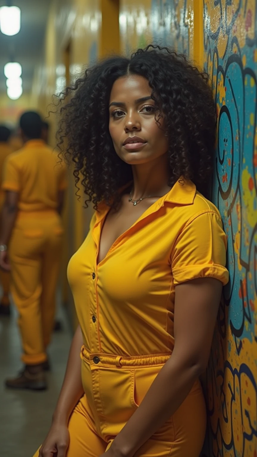 A curvy woman in a skintight yellow prison uniform, sleeves rolled up ...