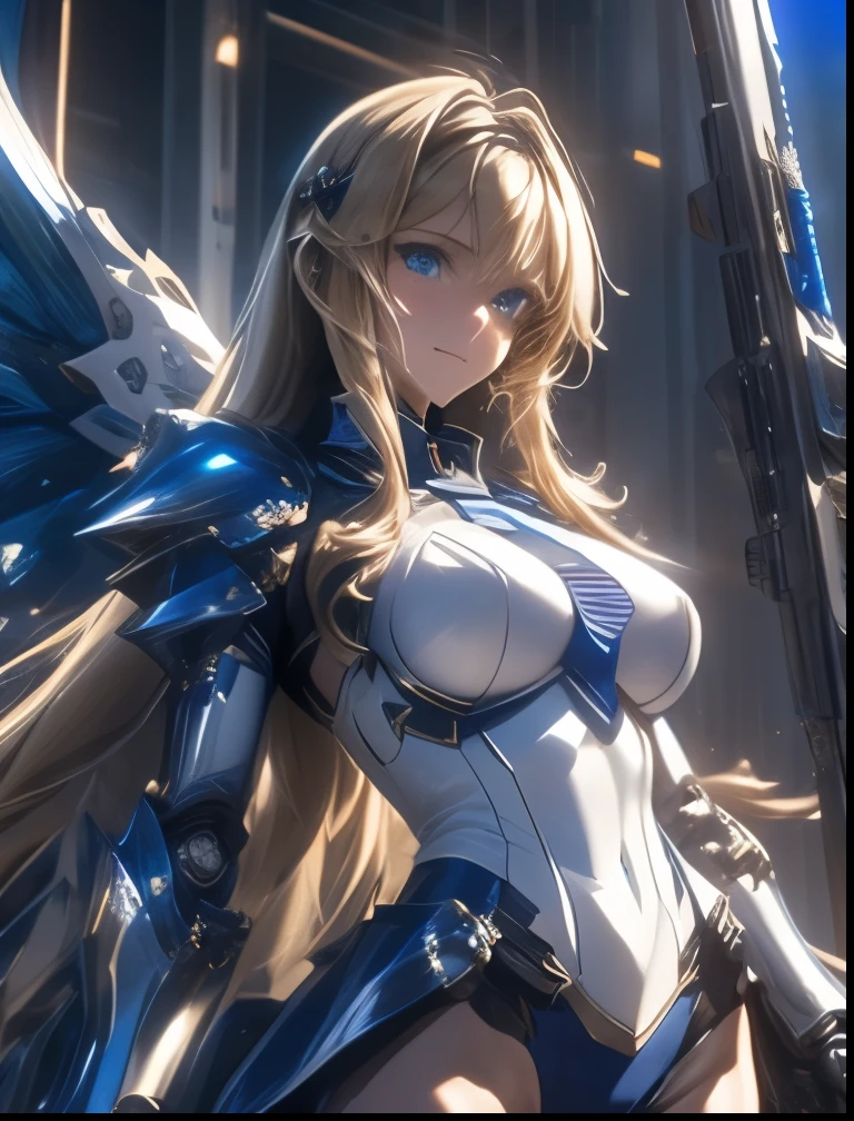 （（（ＳＦＷ、Highest quality、 first class masterpiece 、 Normal Body 、8k、  detailed faces 、 super precise、   real color 、５refer to、Highest）））、Cecilia Alcott Cecilia Alcott /  infinite stratos 、 Gold、long hair、Vertical roll hair、Big Breasts、slender、 slim、 can be used、Blue High Leg Leotard、Blue Battle Armor、Blue Machine Armor、Blue Tears、Remote Control Bits、Blue Wing Thruster、Blue Machine Arm、Ma Blue Thin Foot、Blue Powered Suit、long sniper rifle
