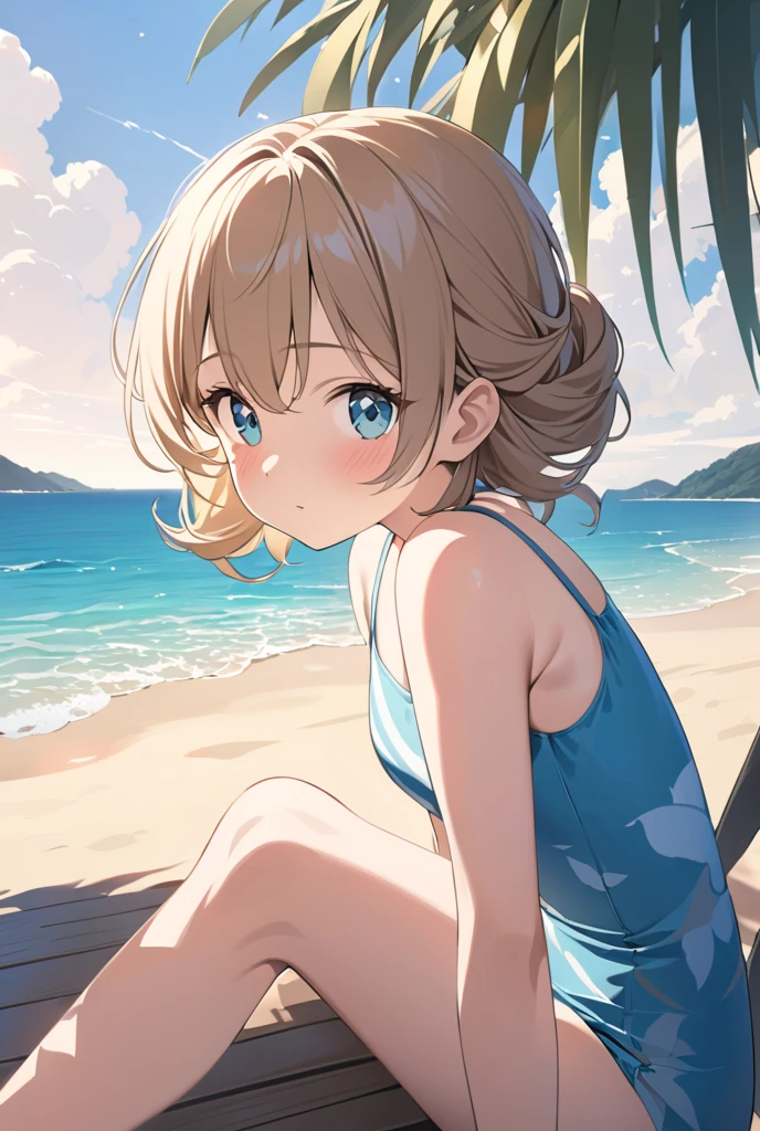 One cute girl, all by herself, basks in the sun at the beach. Her ears adorned with playful cat ear accessories add an extra touch of adorability. High-resolution captures every detail of her solo beach day, from the sand between her toes to the waves gently lapping at the shore.