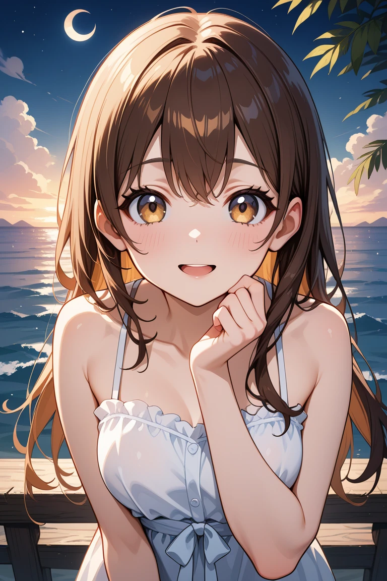 top-quality、masterpiece、(1 adult female:1.3)、(Soft bust:1.2)、Natural Big、Chest thrusting pose、slender、(View landscape:1.1)、Seen from the side、(Kamimei)、(Thin and simple white lace bikini swimsuit:1.2)、Brown hair、(Hair is tied back)、(Hair fluttering in the wind:1.3)、azure eyes、(Highlights in the eyes)、(Look at viewers:1.2)、de pele branca、red blush、A slight smil、(Blue summer sky:1.3)、1 contrail、(Avoid the background around the upper body:1.3)、(Blur the background a lot to make the woman stand out:1.3)、(Beautiful background by the pool on the beach:1.3)、(Beautiful summer flowers)