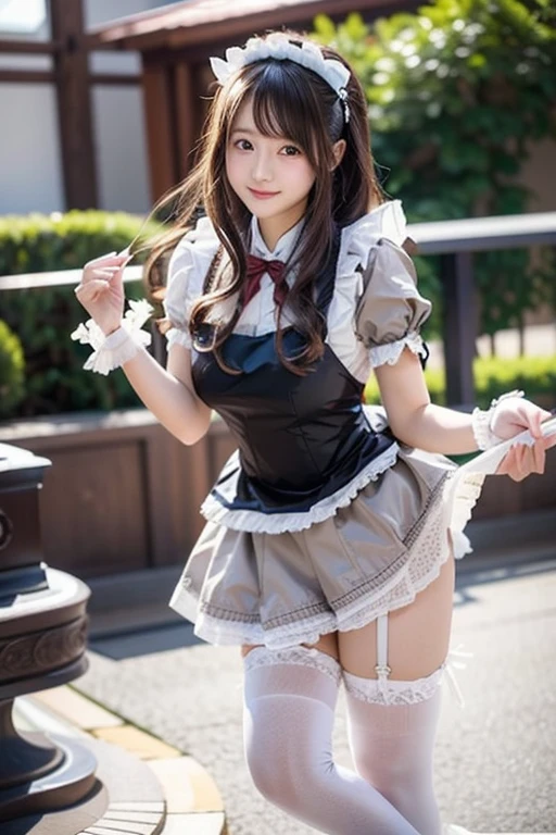 Short Bob、(Full body portrait:1.5)、19 years old、Slim and flat chested、smile、Smiling with teeth showing、Small breasts、Highest quality,masterpiece,Ultra-high resolution,(Actual:1.4),Original photo,Ultra-high resolution，8K，There are also women，Gothic Lolita Uniform、Maid Costume Cosplay、Beautiful scenery、With confidence, Beautiful and generous，Roll up your skirt to show your panties、
