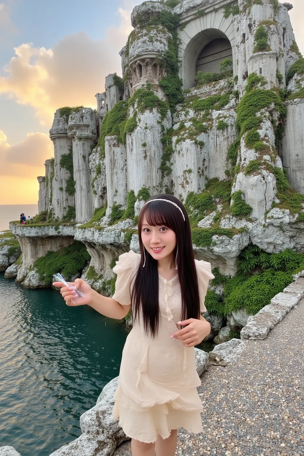 There was a woman sitting on a rock,hands out, ruins in the background, temples behind her, xintong chen, with a figure in the background, wenfei ye, ancient ruins behind her, 🤬 🤮 💕 🎀, karst pillars forest, ancient garden behind her, 8K)), ancient ruins in the background, IU, shaxi