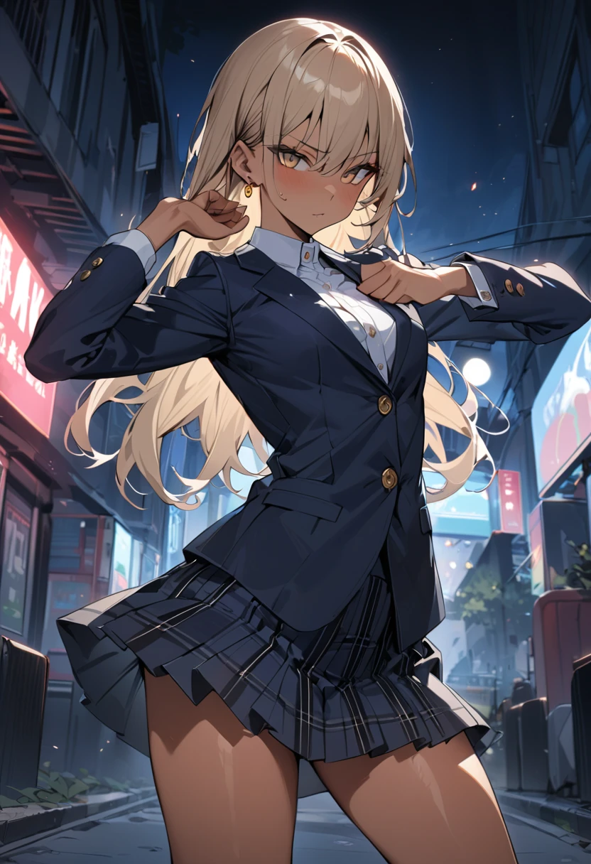 ((Perfect Anatomy:1.2,Realistic:1.3,RAW Photos:1.3,masterpiece、highest quality、Ultra - High resolution、High resolution、Highly detailed CG、8k)),Cowboy Shot. 1 female,alone,18-year-old、high school girl,beautiful girl,Japanese,((Beautiful face and eyes:1.2,Big beautiful eyes:1.3,)),blonde,Twin tails,(Center parted hair:1.4,amount),Small Head:1.3,thin,((Dark brown skin:1.4)),(Oily skin,Glowing Skin,Shiny skin),(school uniform、Dark blue blazer jacket、Checkered pleated mini skirt), Perfect Anatomy,Correct Anatomy,Perfect Face,Perfect Arms,,Perfect Fingers,Perfect waist,Perfect Thighs,View your viewers,((anger:1.5)),((Embarrassing 1.1)),((The facial features are also depicted in detail.)),((blush:1.5)),((Lift the hem of a skirt)),((Show off your panties to your audience)),((75 degree angle from bottom)),((Show viewers white panties)),Are standing. The background is a dirty back alley,((night)),((dark)),Tokyo.