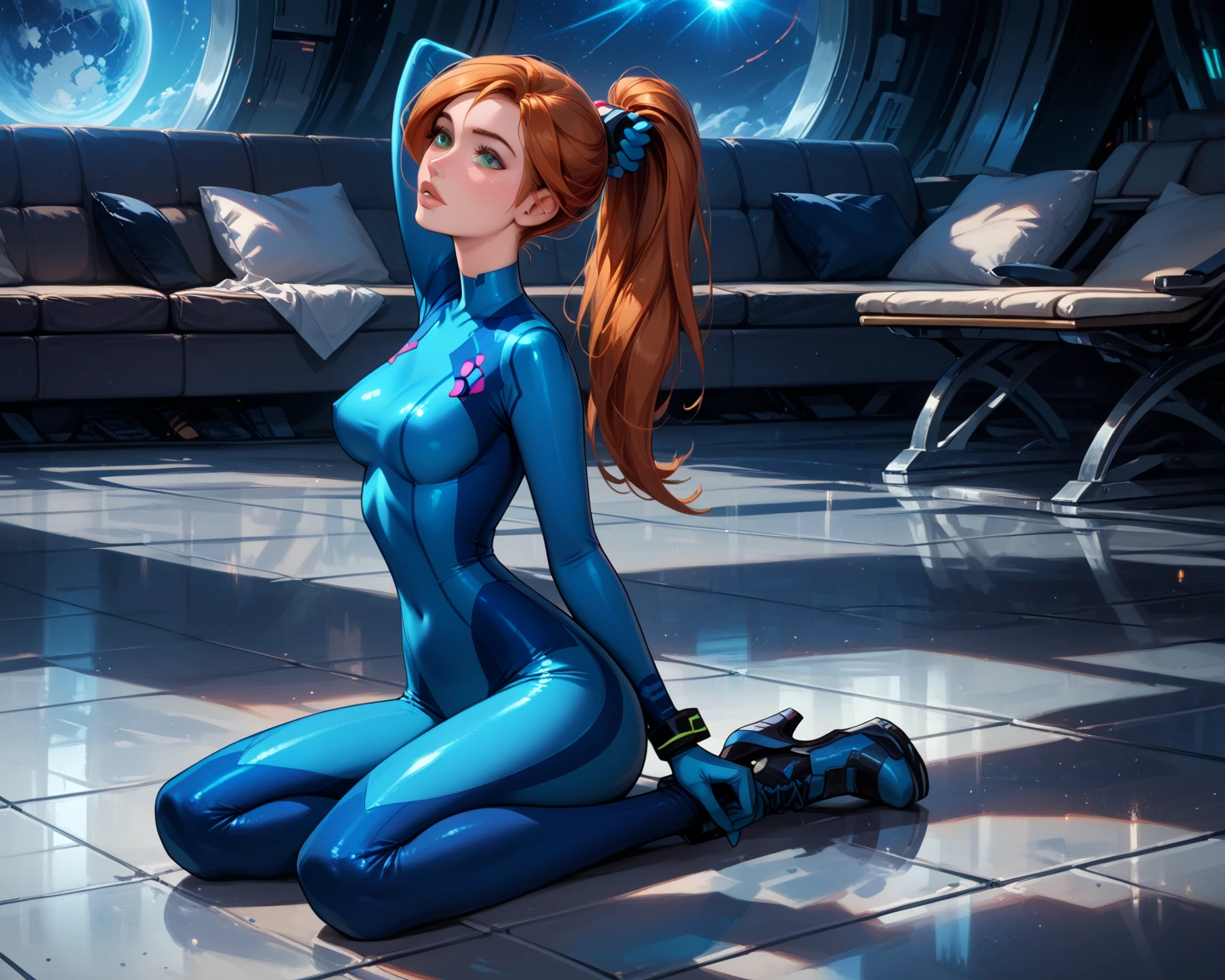 emma watson dressed as a sexy mega man. sci fi. vibrant colors.