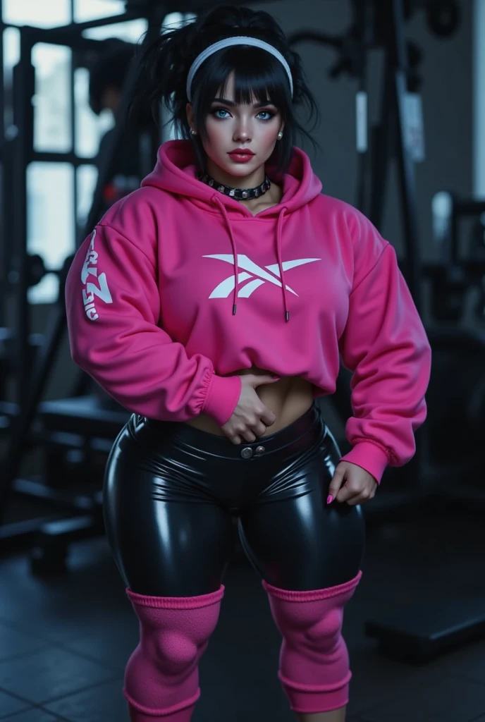 (Muscular:2), (thick thighs:1.7),
woman, (big smile:1.7), brown hair,
eyeshadow, lipstick, choker, thigh high socks, (naked hoodie:1.6),
looking at viewer, upper body view, three quarter view, standing,
dark skyrise bedroom, rim lighting, detailed skin, detailed eyes