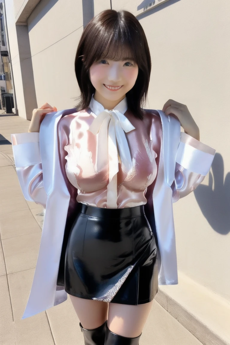 Highest quality、masterpiece、8k、Very detailed、Realistic、One girl、Looking at me with a smile、Black Hair、Short Hair、Small face、Slender、Big Breasts、Thin and beautiful legs、narrow and constricted waist,、((Open center tight shirt:1.5))、Tight Skirt、Dressed like a female teacher、(Erect nipples:1.2)、(50 years old:1.2)、(Wrinkles around the eyes:1.2)、(wrinkles around the mouth:1.2)