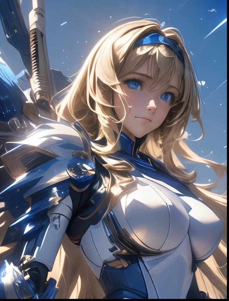 (((SFW、Highest quality、 first class masterpiece 、 Normal Body 、8k、 detailed faces 、 super precise、 real color 、5refer to、Highest)))、Cecilia Alcott Cecilia Alcott / infinite stratos 、 Gold、long hair、Vertical roll hair、Big Breasts、slender、 slim、 can be used、Blue High Leg Leotard、Blue Battle Armor、Blue Machine Armor、Blue Tears、Remote Control Bits、Blue Wing Thruster、Blue Machine Arm、Ma Blue Thin Foot、Blue Powered Suit、long sniper rifle、Sniper、laser shooting、 Fast Flight 、High speed maneuvering
