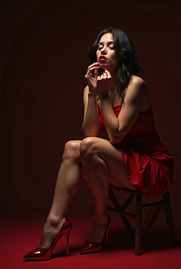 High fashion image with a nude tall brunette fashion model with beautiful face, red lips and big eyes wearing red high heel shoes only. She lies on her back with legs wide open on a black floor and lustfully looks into the camera. White foam wall is gains her on background. A hungry doberman with huge fangs is standing next to her. Full body image. Vogue cover style photo