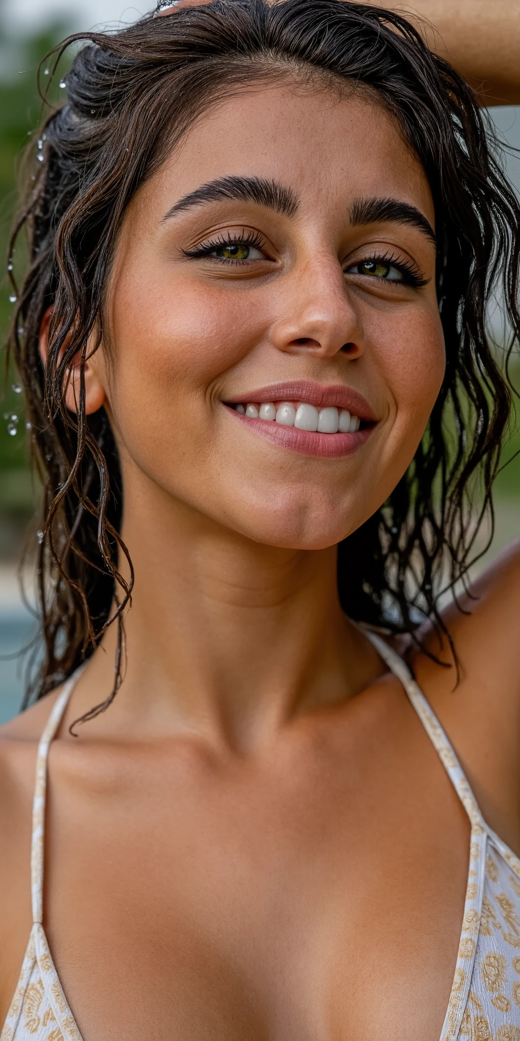 Hyper realistic eye level exterior photo Create a photorealistic, healthy Brazilian female model in her early 20s. Water cascades onto her hair and face, leaving glistening droplets and streams elegantly flowing down her skin. She wears a subtle, satisfied smile, exuding contentment and freshness. Use soft, natural lighting to capture the rejuvenating atmosphere of the scene.