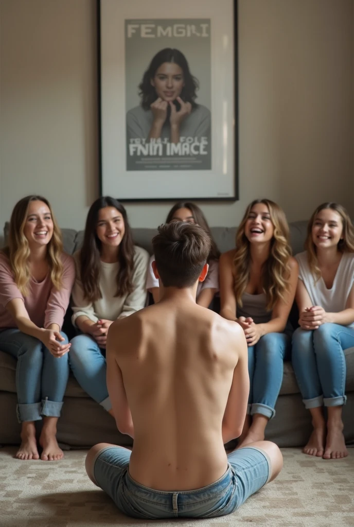 Make a naked guy (have his private parts censored ), this guy is very embarrassed to be in front of 4 girls, who laugh, make fun of him and point at his parts when they see him naked. Let them be young. Let it not be anime but rather a photo type.
