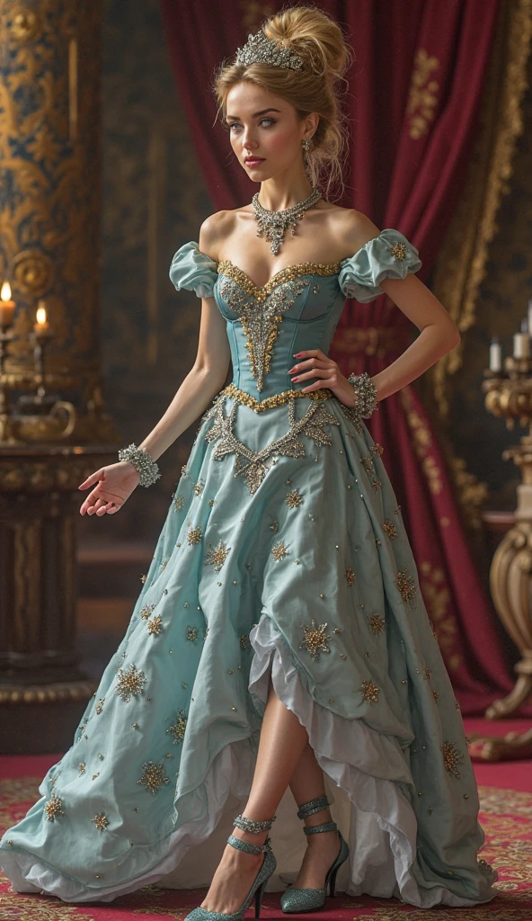 The dress was a 15th century light blue silk with gold embroidery along the bodice and hem. It featured a flowing skirt, delicate long full arm sleeves, and a gold sash at the waist