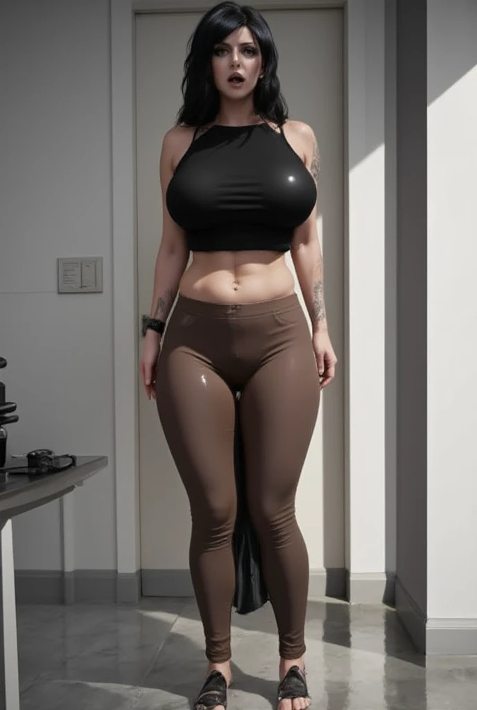 a sexy woman with Mediums breasts, athletic body, thick thighs, wearing a dress shirt open at the front, camouflage leggings, curly arms