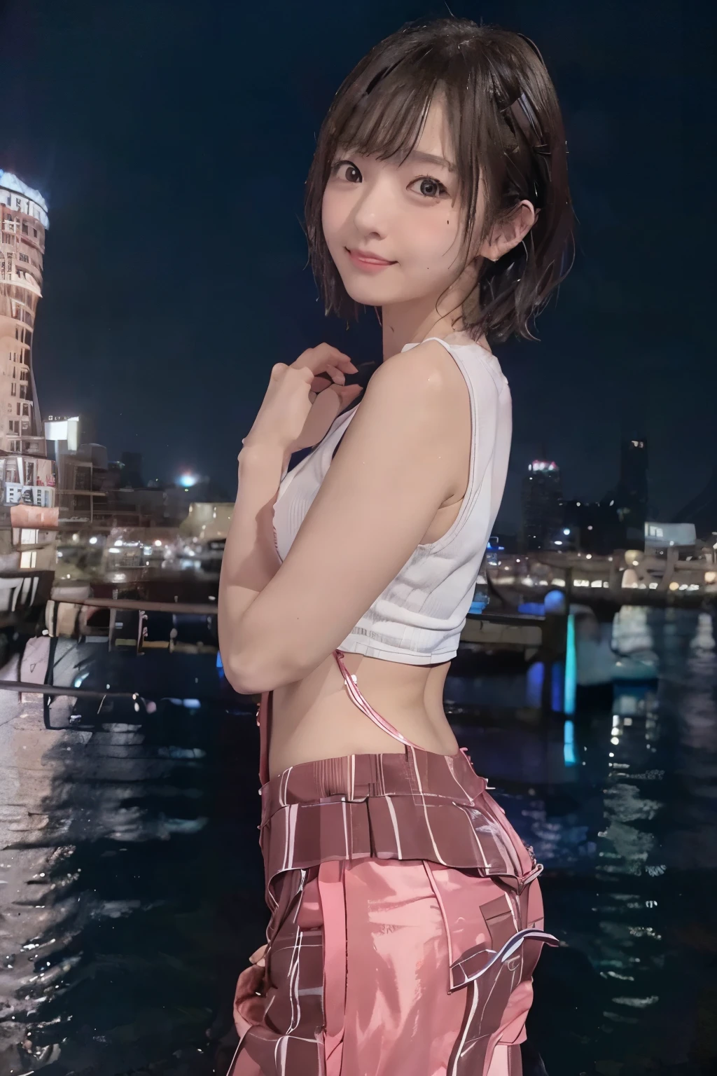 8k, raw photo, best quality, high resolution, realistic, photorealistic, extremely detailed 8k wallpaper, beautifully detailed eyes, finely detailed exquisite face, 
 break 
rim lighting, 
 break 
((porttower), 
night, scenery, water, building, night sky, real world location, outdoors, cityscape, skyscraper, city, city lights, reflection, neon lights), 
 break 
perfectly anatomically correct:1.0, 
 break 
1 female, kawaii:1.2, short bob hair:1.1, 
neat office short pant suit in sober color, 
symmetrical face line, stereoscopic projection, 
symmetrical clear eyes, chocolate color eyes with captivating reflections, 
[round face, rounded jaw, chiseled face, small eyes, wide-set eyes, tareme], wet hair, 
[looking back viewer], 
pure smile, 
[sixteen], 
 break 
from behind, from below
