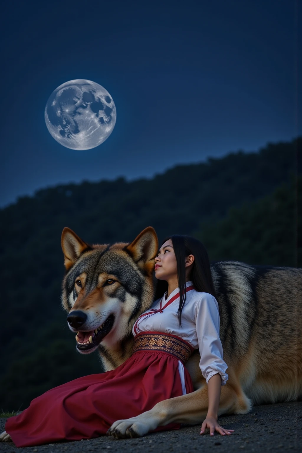 There is 1 woman and 1 wolf.She is a 20 year old Korean beauty with a perfect body.I'm wearing Hanbok.Behind her lies a giant wolf protecting her.It's in the mountains with a huge moon floating in the night sky.