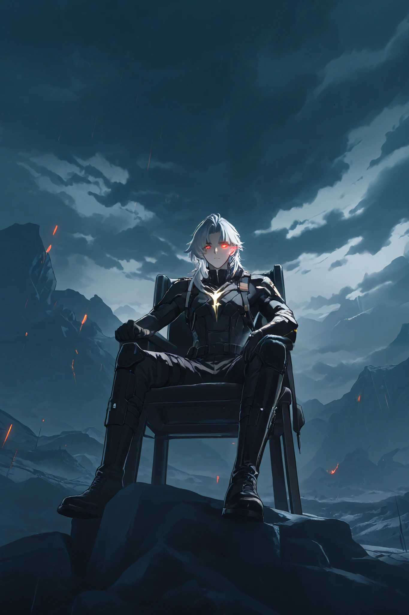 topquality, 1man, CALCHARO (//wuthering waves//), long silver hair, tactical outfit, leather boots, wide angle view, sitting in a chair, on the mountain top, background: stormy clouds, glowing eyes, eye detail, dark ambiance, absurdres,