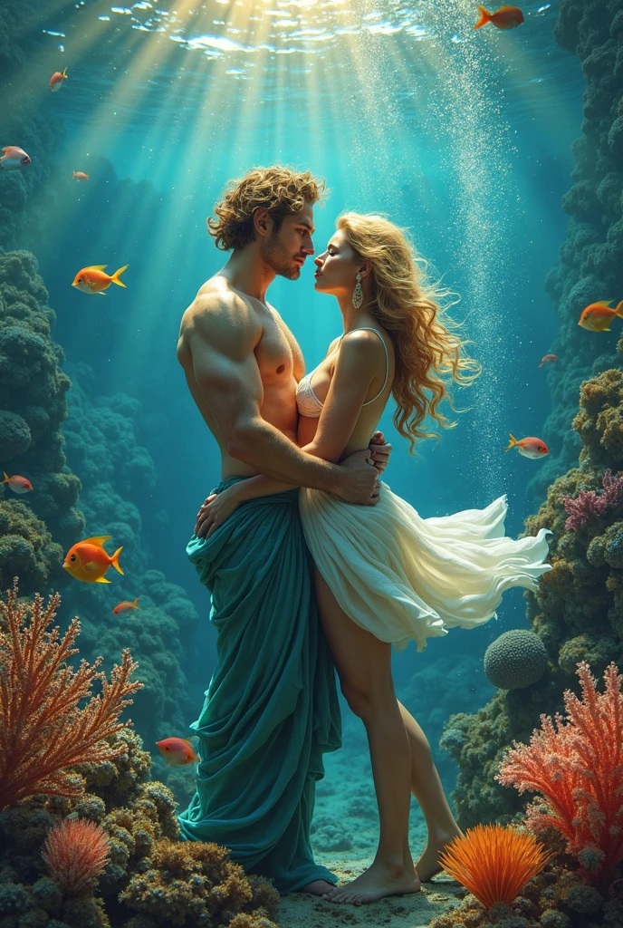 A romantic depiction of Poseidon with his queen, Amphitrite, dancing under the sea, surrounded by colorful fish and vibrant coral reefs. Remove the hair in the covered part