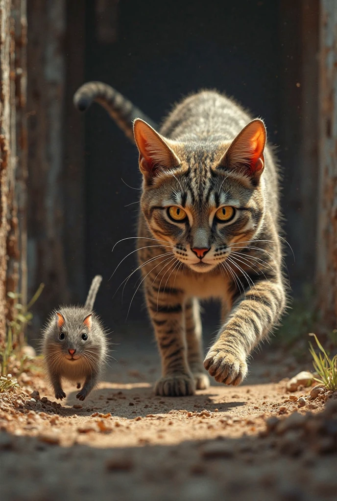 Realistic image of a cat chasing a mouse