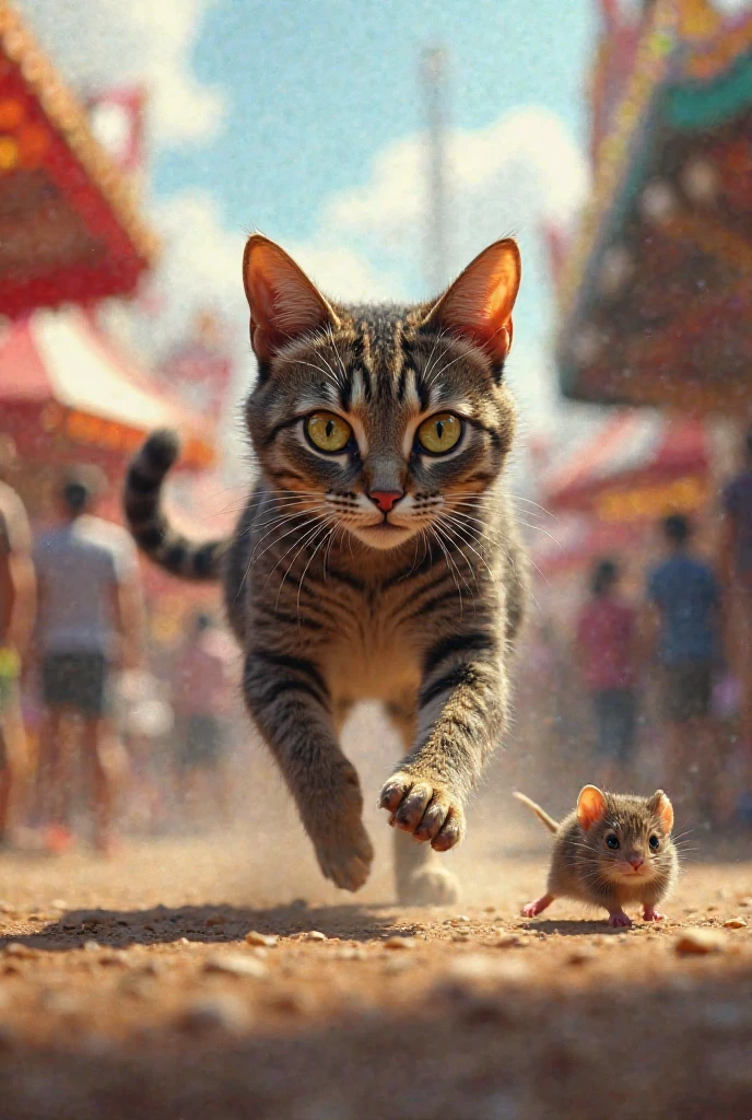 Realistic image of a cat chasing a mouse, at a fair