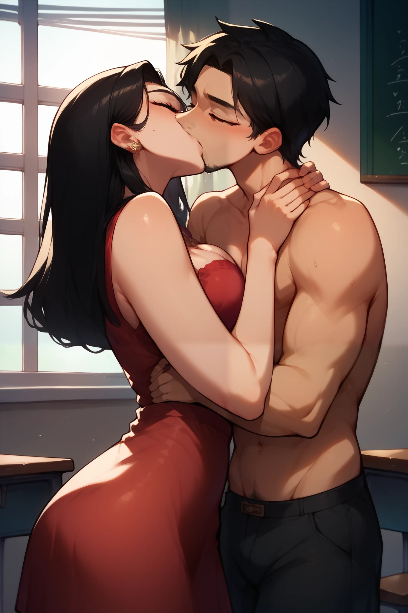 1girl, 1man, duo, a man with long red hair and green eyes and freckles getting force to mate with a girl with black hair, the man is muscular, girl sitting on man laps, girl leans on the man chest, girl arms over man shoulder, man grab girl waist, kissing, saliva, Drooling, blushed, shiny skin, aroused, shirtless man, man wearing red sweat pants, girl wearing green sport bra with sleeves, girl wearing black sweat pants, this scene is shoot at the gym