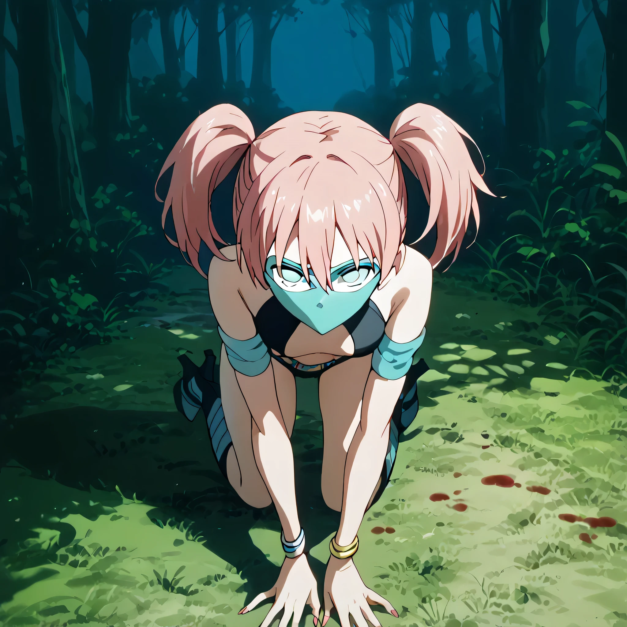 (((Masterpiece))), (((Best Quality))), ((Super Detail)), ultra-High resolution, score_9,score_8_up,score_7_up,score_6_up,score_5_up,score_4_up, BREAK, source_anime, anime screencap, uncensored, rating_explicit, Masterpiece, curvy, dark persona, empty eyes, expressionless, blank eyes, looking at viewer, emotionless, Fighting Stance, horizontal pupils, black leotard, clothing cutout, high heel boots, knee boots, circlet, armlet, bracelet, belt, halterneck, (((solo, 1girl))), hair ornament, seductive pose, submissive pose, ume, white eyes, (((blue mask, mask))), pink hair, red hair, hair between eyes, twin tails, shiny, detailed beautiful eyes, outstanding, countershading, detailed soft lighting, an exquisite animation illustration, all fours, looking from above, view from above, from above, long nails, forest background, blood splatter, blood background, night backgrounf