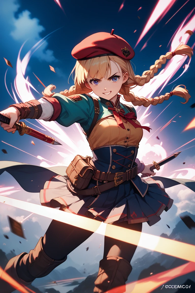 Absurd, (Highest quality), (masterpiece), (Very detailed:1.2), (Realistic:1.4), (High resolution), (From above:1.1), One girl, anger, Grin, gun, gunを持っている, forward, Zeta, (Granblue Fantasy), Blonde, Twin tails, blue eyes, Black hair band, Red Bikini Armor, Red Skirt, mini skirt, (Swirl:1.3), (inflammation:1.4), (赤いinflammation:1.2),