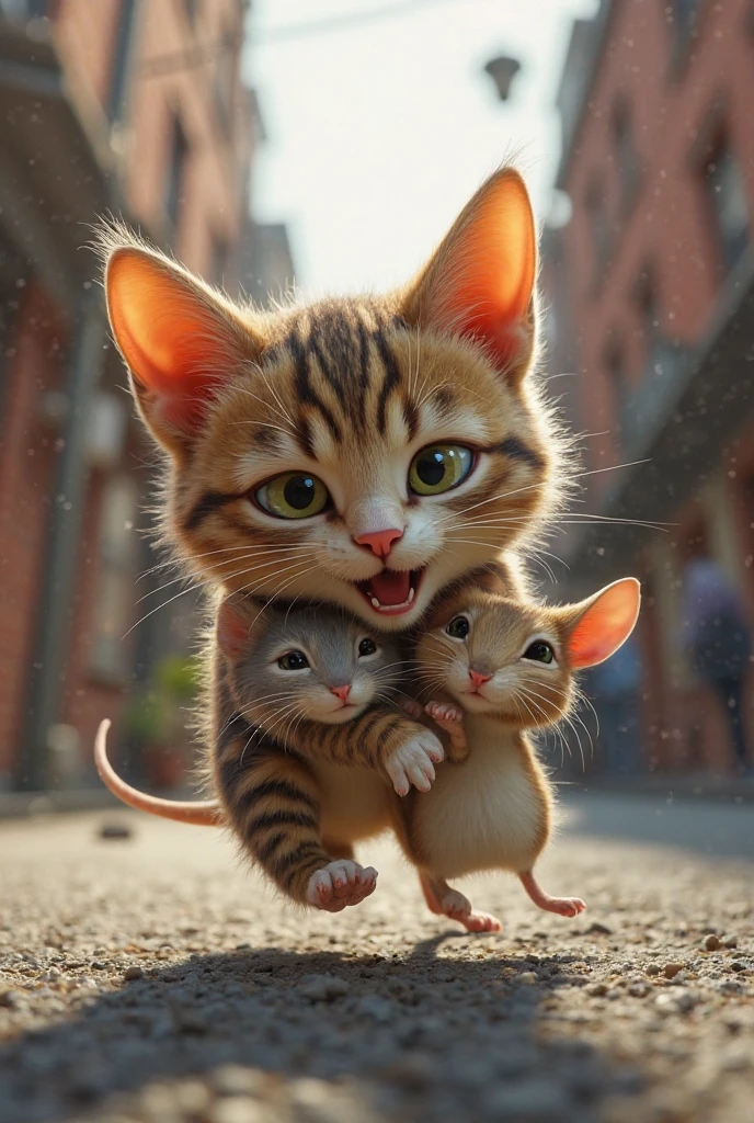 Realistic image of a cat chasing a mouse, On a street hugging each other 